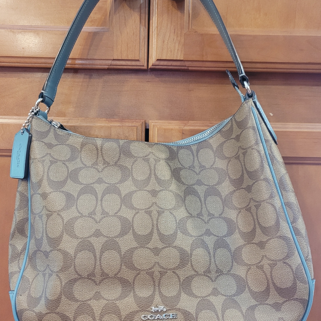 Beige Purse With Corn Blue Leather Strap & Trim